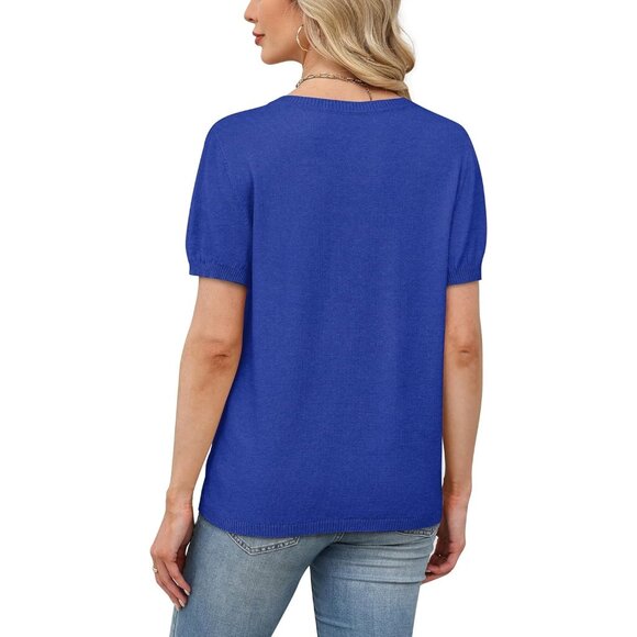 Women Short Sleeve Royal Blue Sweater Round Neck Summer Work Beach Vacation Top - Picture 5 of 5